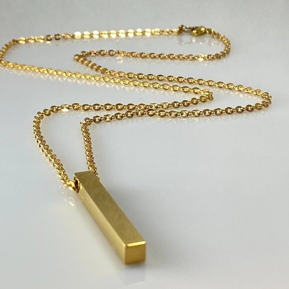 Gold Plated Steel Cuboid Bar Necklace Stainless Steel - Picture 1 of 7